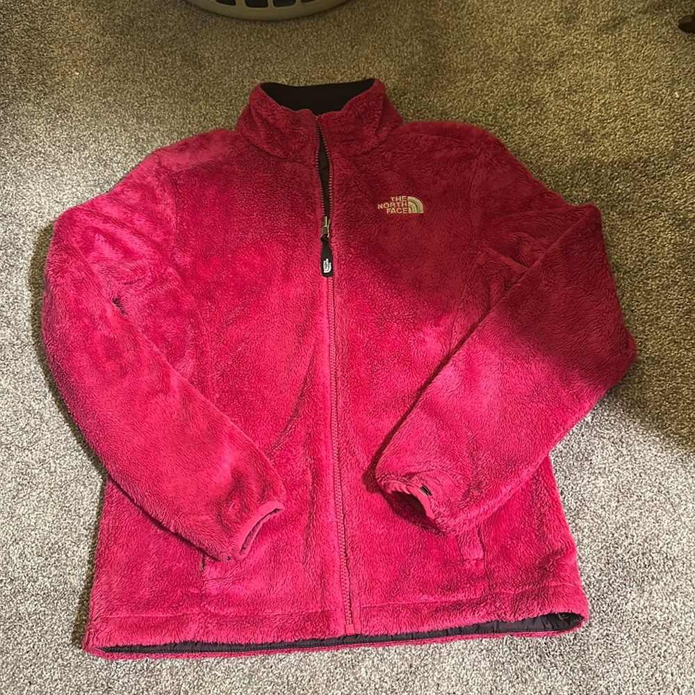 pink fuzzy north face jacket